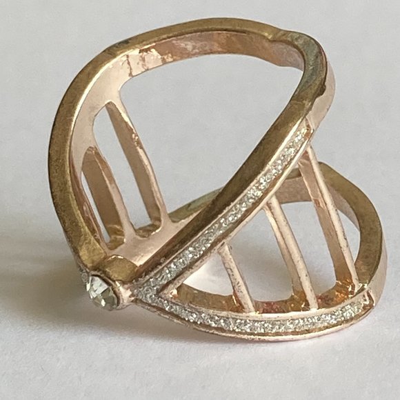 Rose Gold Cubic Zirconia Cocktail Ring Boho Art Deco Size 7 Plated Statement - Picture 8 of 11